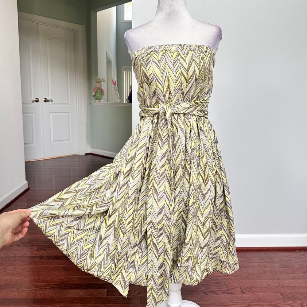 Gianni Bini Lime Green Brown Zig Zig Unique Pattern Strapless Cocktail Dress